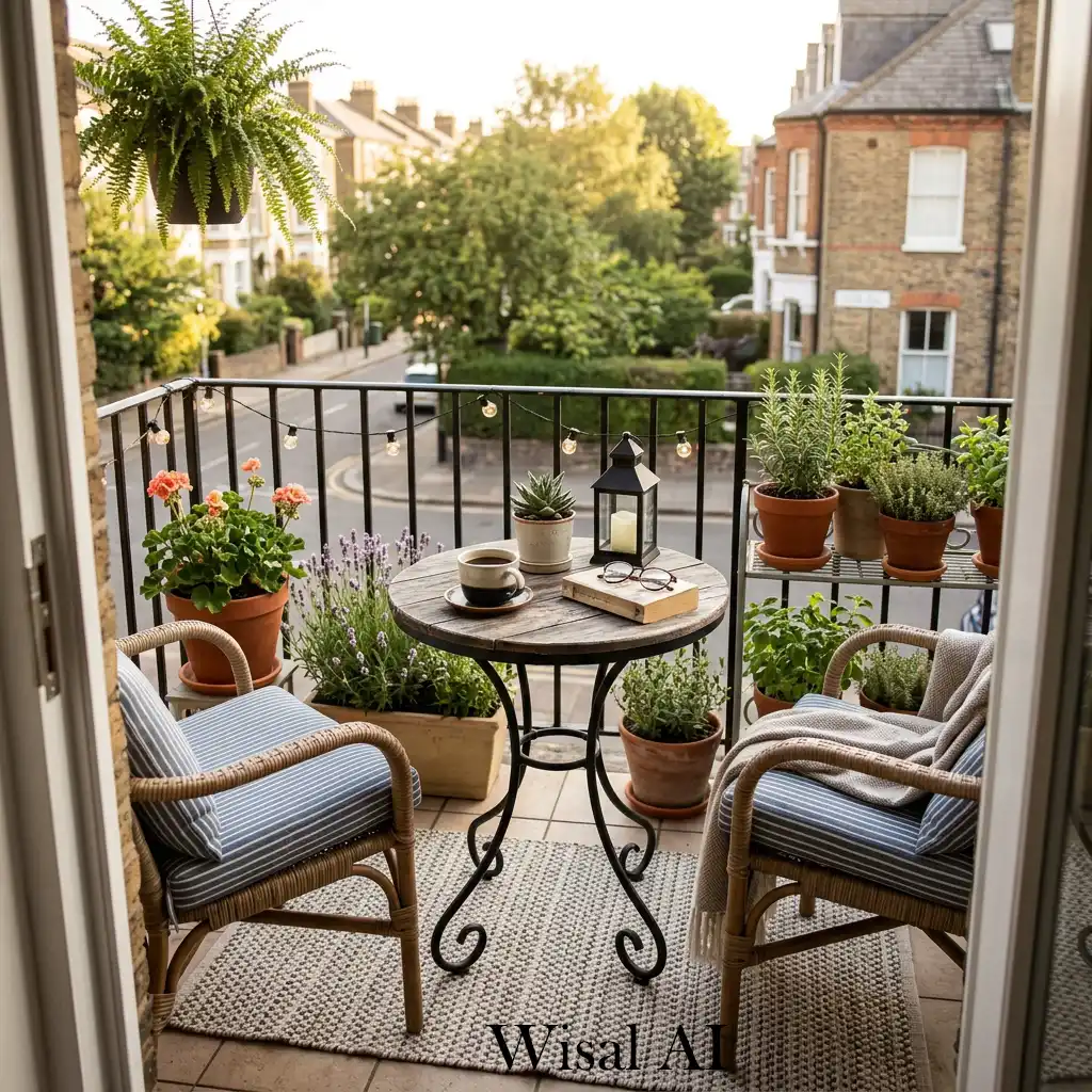 Charming balcony coffee corner with table and cozy seating