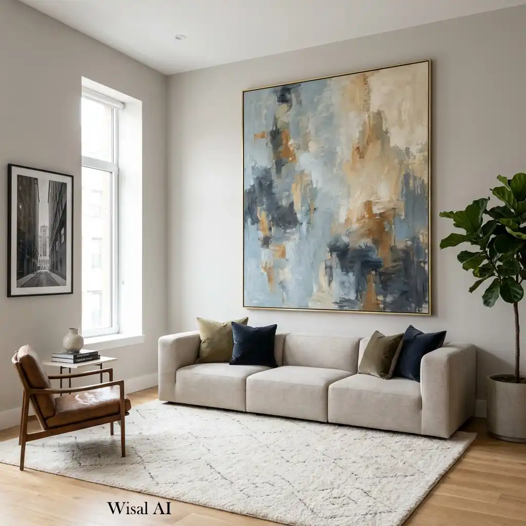 Modern living room showcasing oversized wall art as a stunning statement focal point.