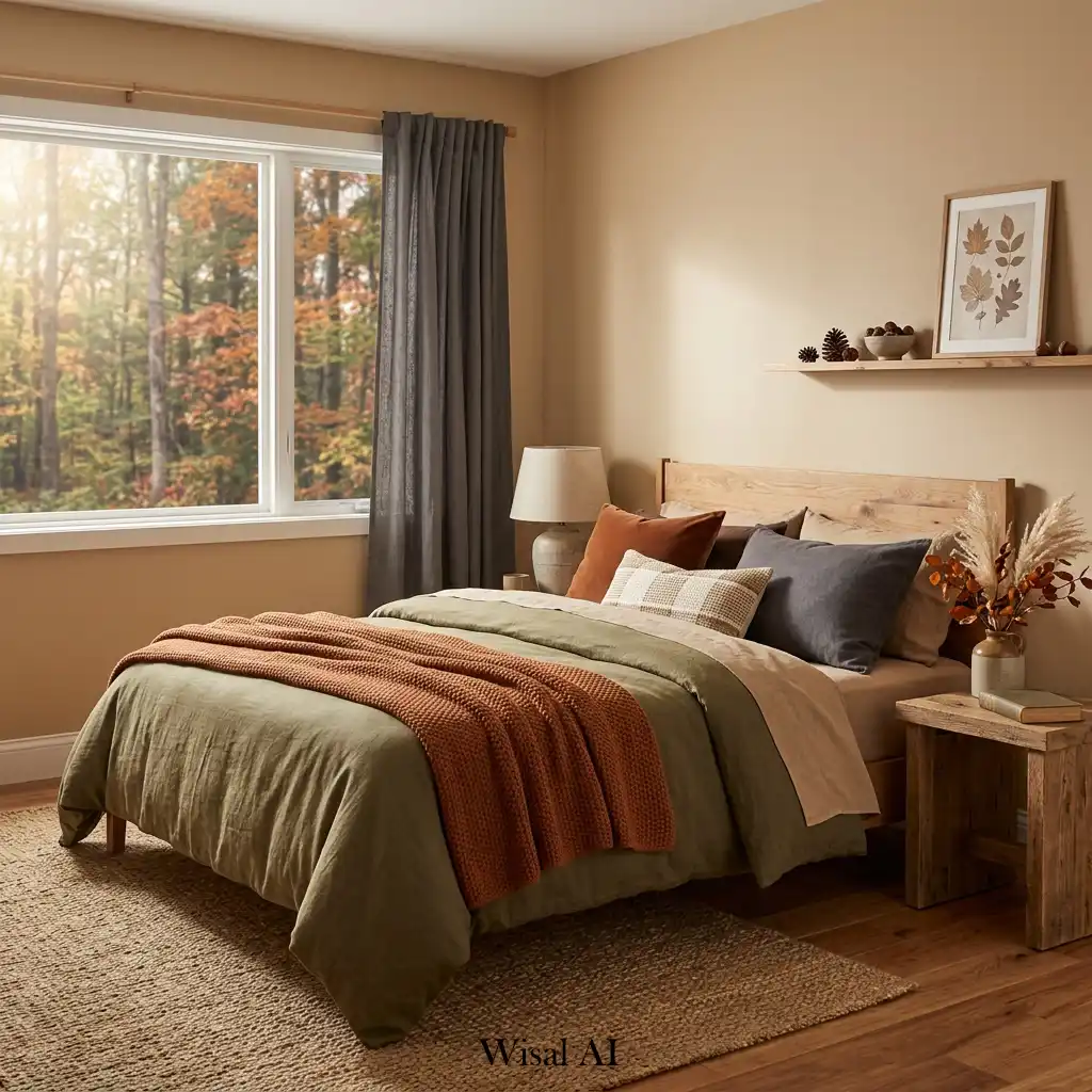 Nature-inspired autumn bedroom with earthy color palette and textures.