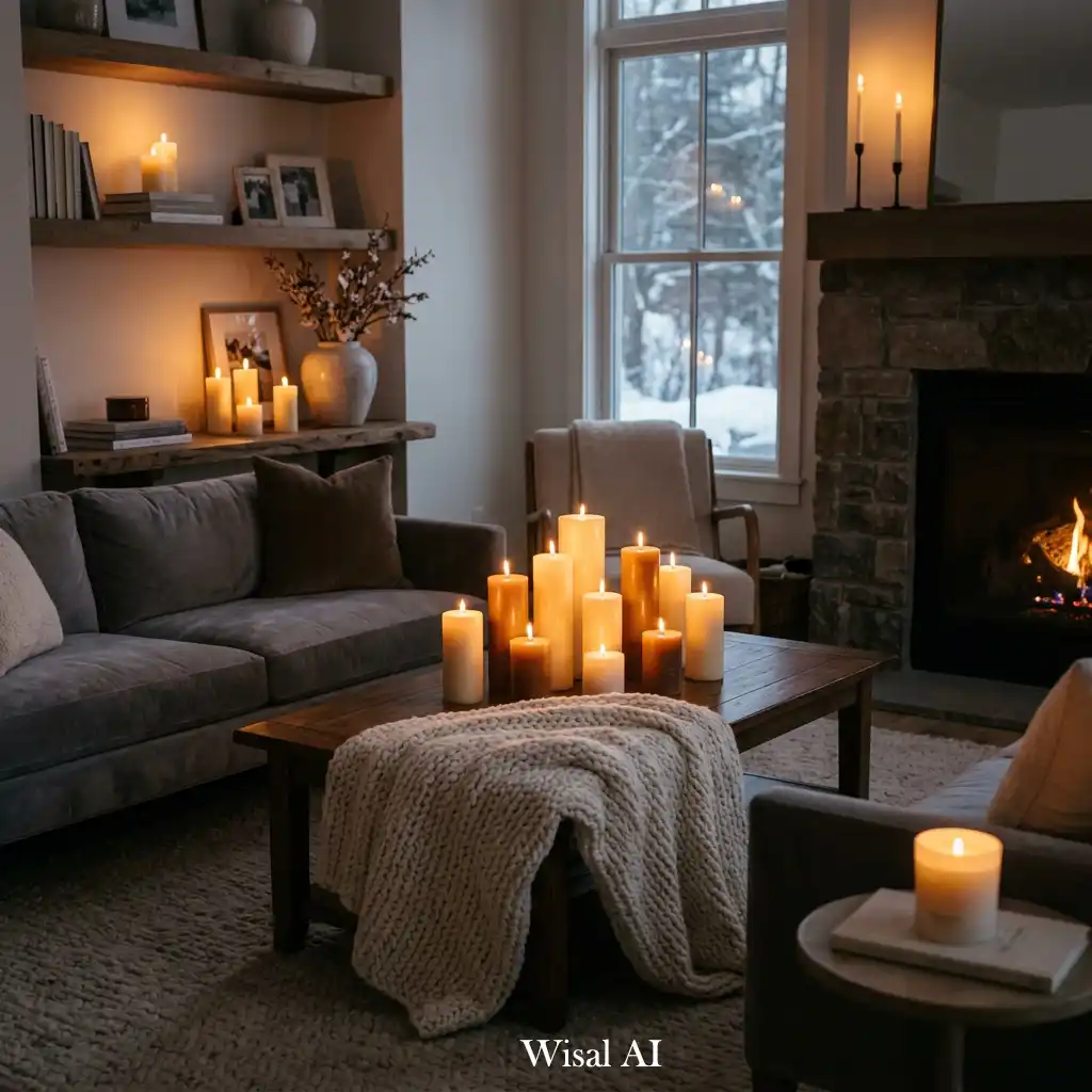 Elegant candlelit winter living room with a soft luxury atmosphere.