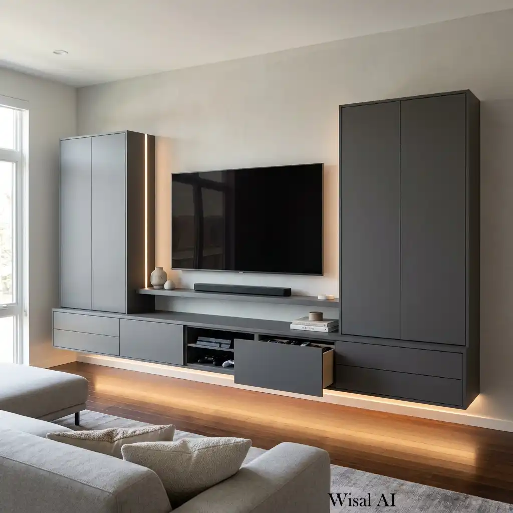 Floating built-in TV wall with hidden storage and LED underlighting.