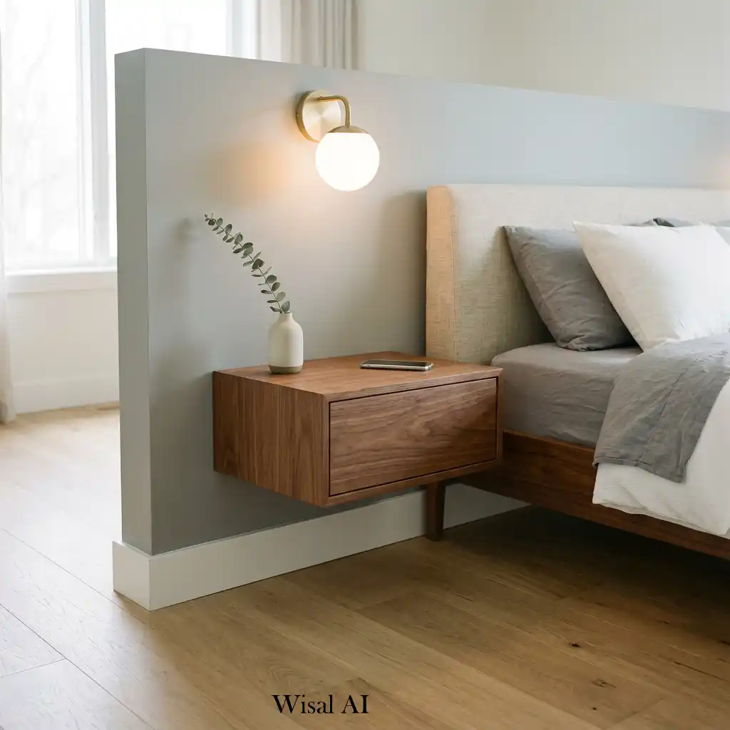 Floating white oak nightstands paired with elegant wall sconces.