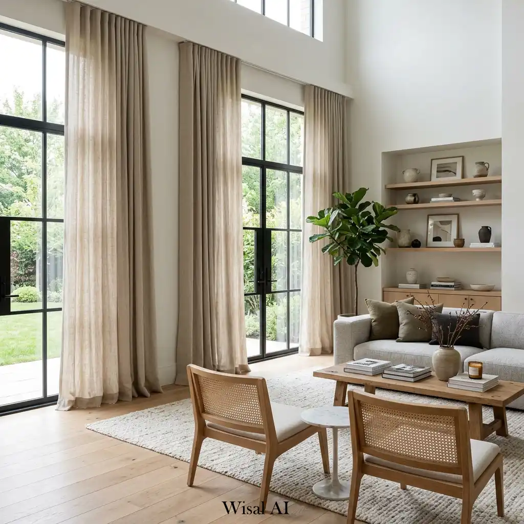 Elegant living room with floor-to-ceiling curtains and natural light flow