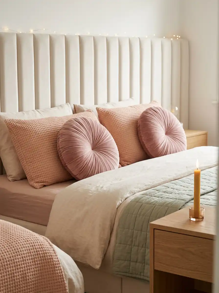 7. Geometric Comfort: Modern Bedroom Ideas with Velvet Panels