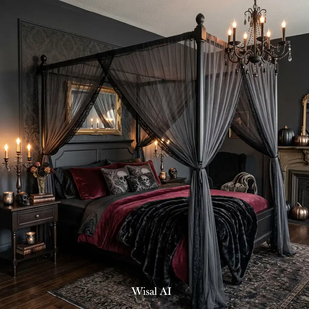 Gothic-inspired bedroom with a dramatic black canopy bed.