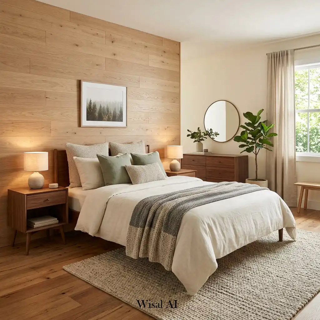 Modern guest bedroom with natural wood furniture accents.