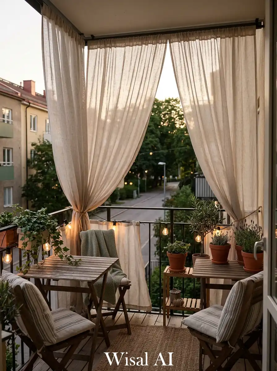 Hanging fabric curtains creating soft balcony enclosure