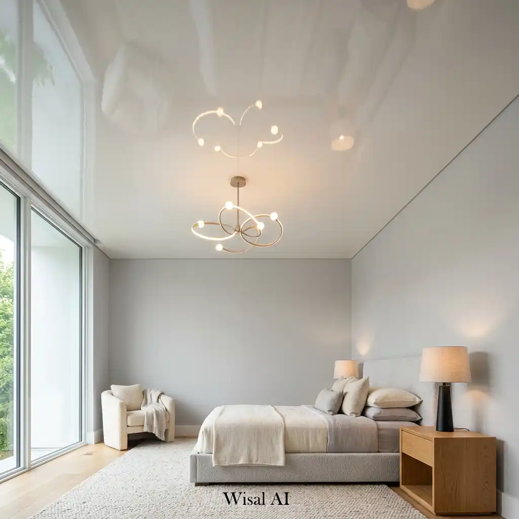 Contemporary bedroom featuring a high-gloss white ceiling that reflects natural light.