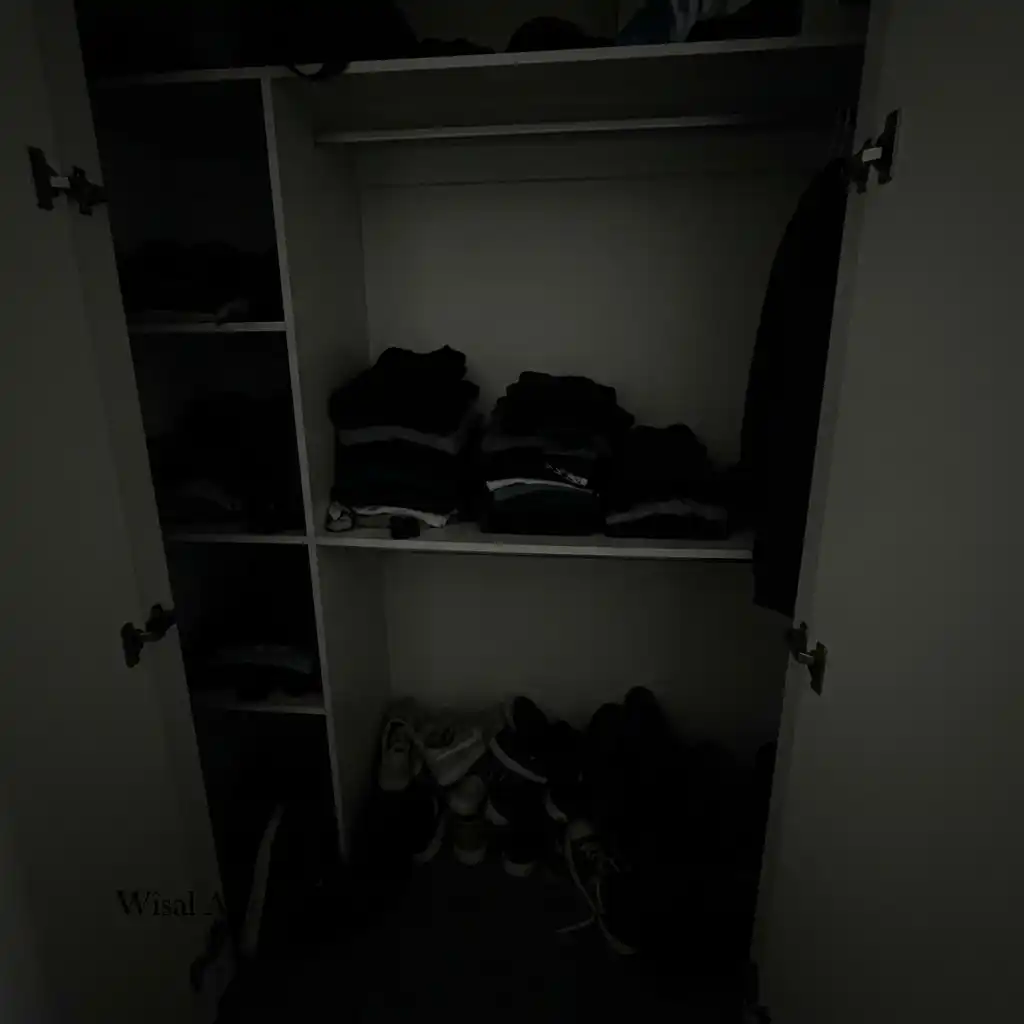 Custom bedroom wardrobe illuminated with built-in LED lighting highlighting neatly organized clothing and accessories.