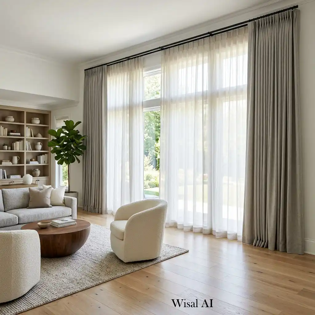 Floor-to-ceiling linen curtains in a custom-designed living room.