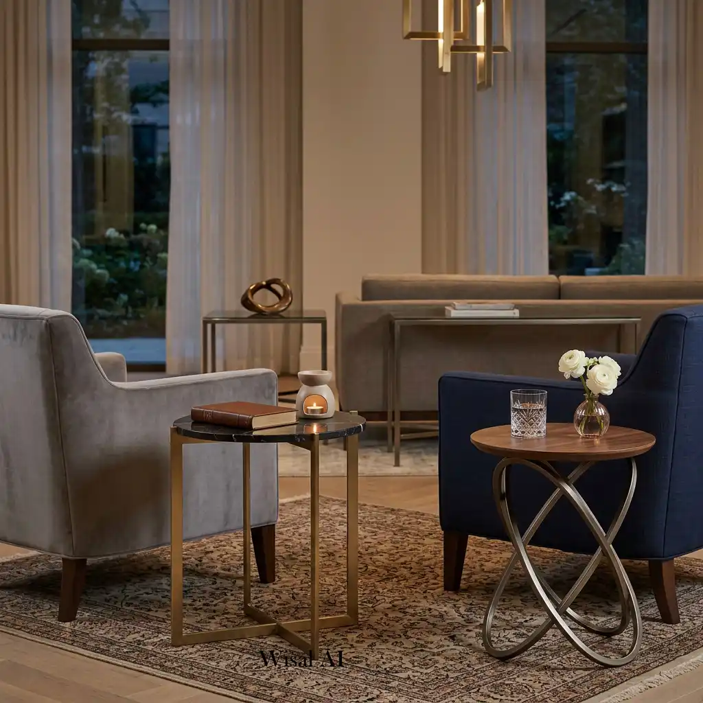 Luxury living room with marble and wood accent tables.