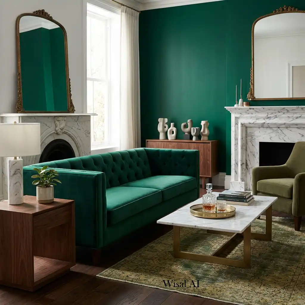 Elegant living room with emerald green décor and a marble coffee table.