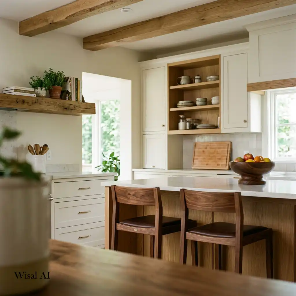 Modern kitchen enhanced with natural wood shelves and warm organic design elements.