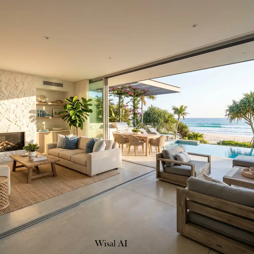 Indoor-outdoor living room connected to a sunny coastal terrace.