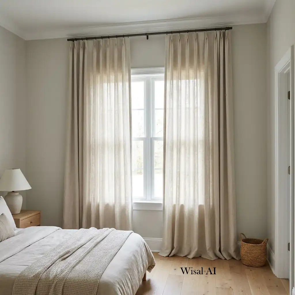 Luxury bedroom with floor-to-ceiling linen curtains that make the ceilings appear taller.