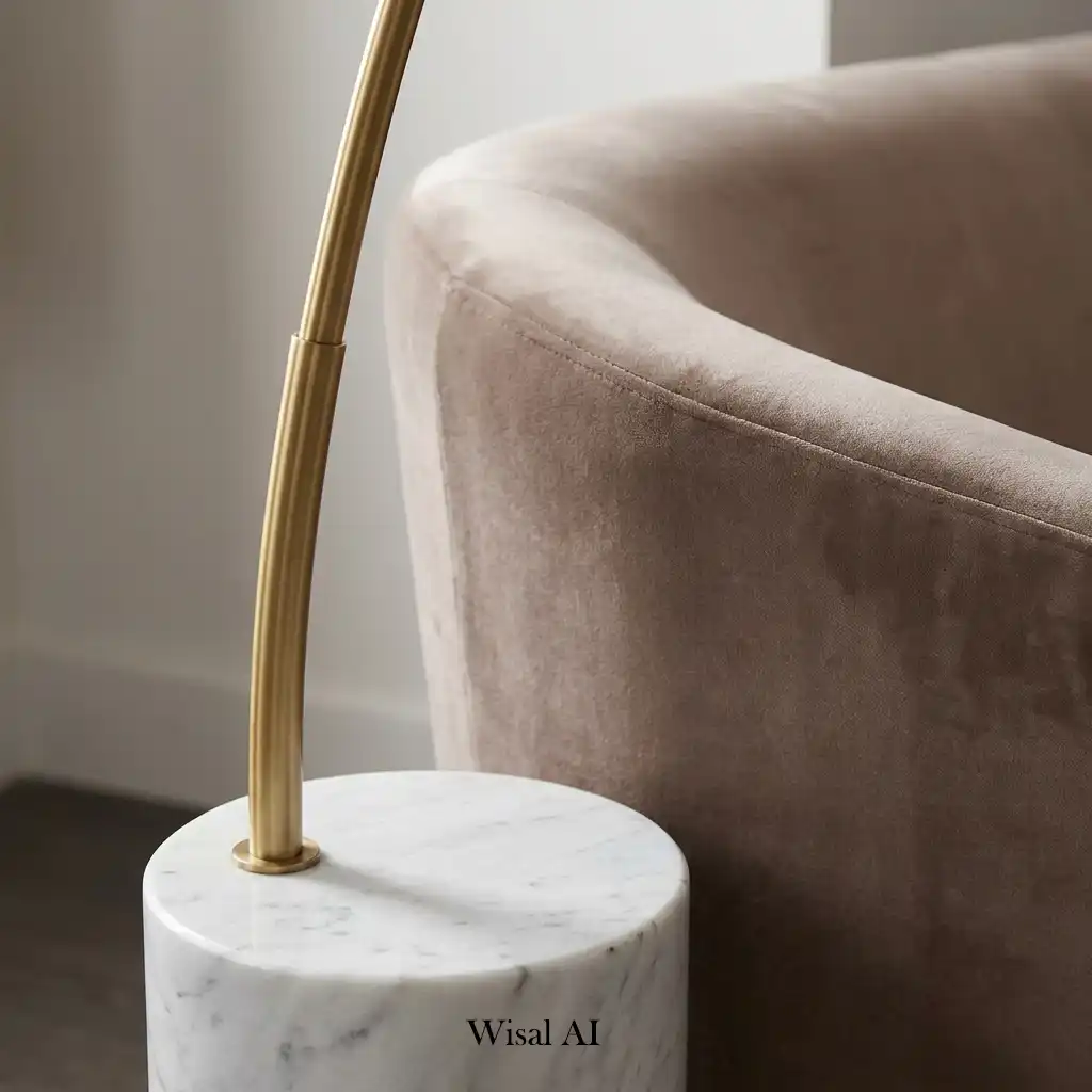 Curved floor lamp beside a luxurious curved sofa in a contemporary living room.