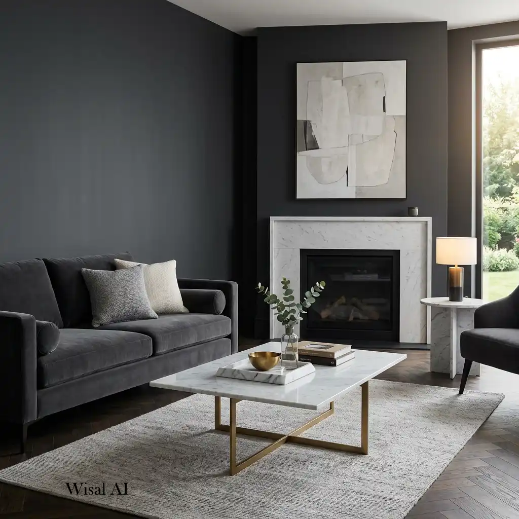 Elegant living room with a marble coffee table and charcoal accents.