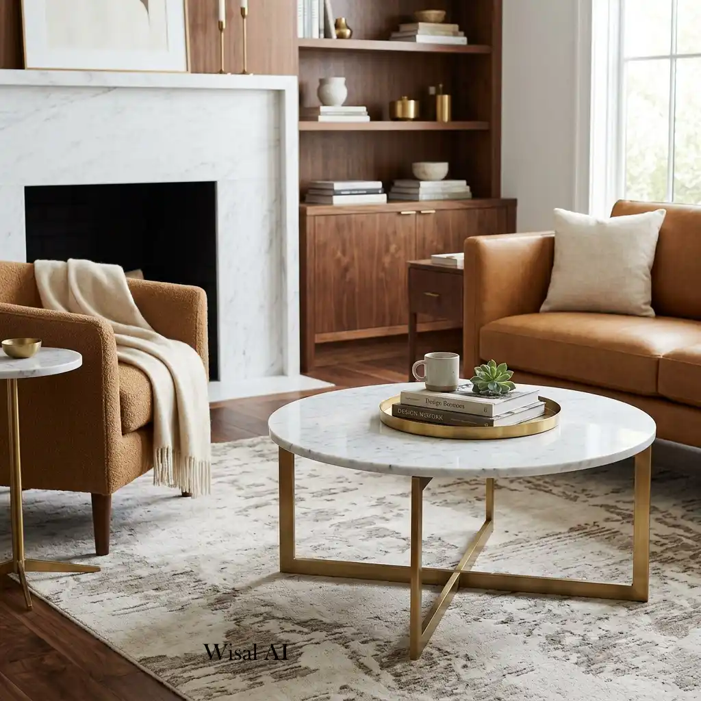 Warm living room with caramel décor and white marble accents.