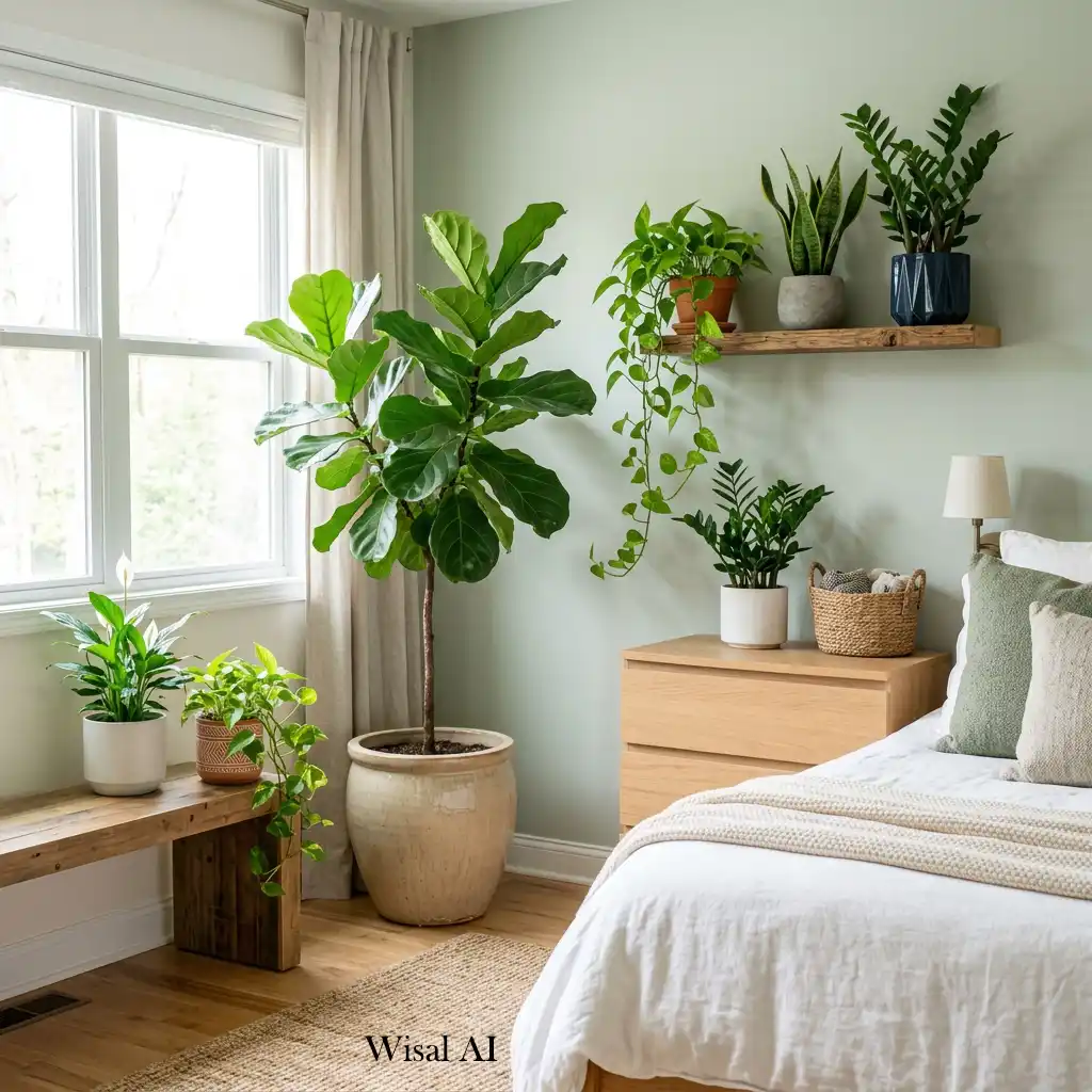 Peaceful bedroom decorated with lush indoor plants bringing natural beauty and freshness.