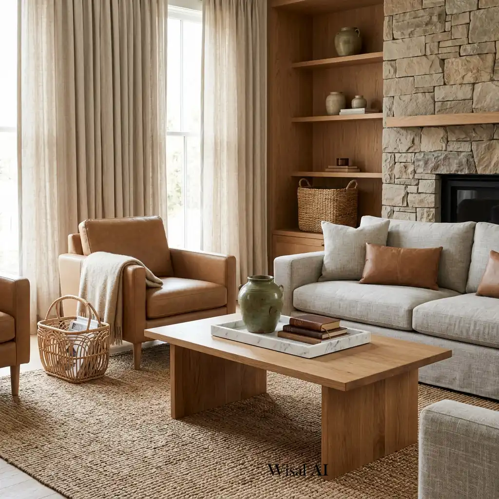 Elegant living room featuring natural wood, stone, and woven textures.