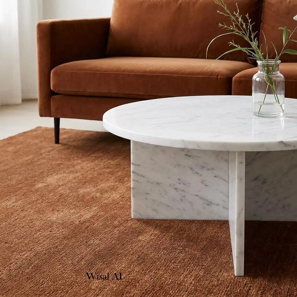 Luxury living room with a white marble coffee table and cinnamon brown furniture.