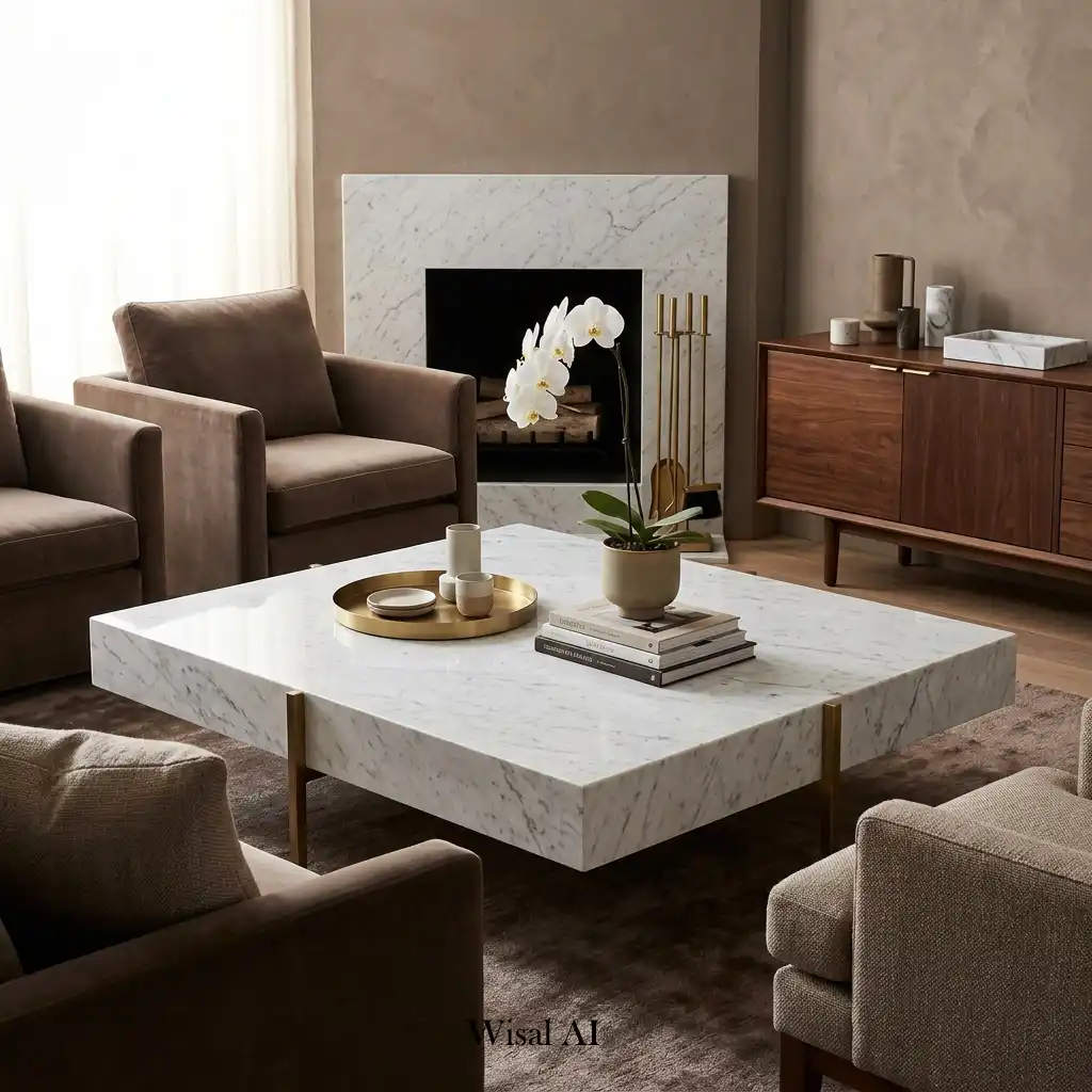 White marble coffee table paired with Mocha Mousse living room décor.