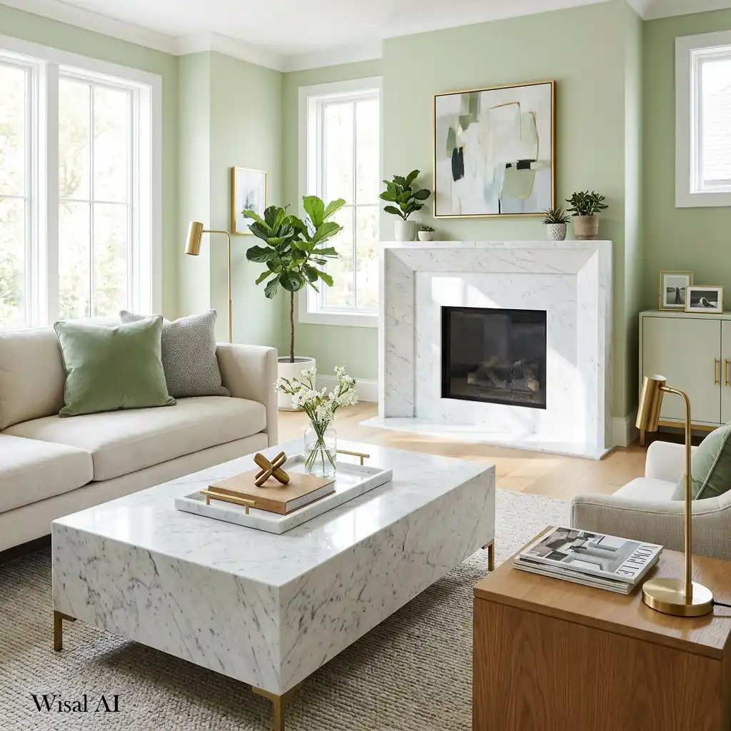 Elegant pistachio green living room with a white marble coffee table.