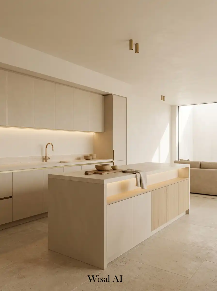 Organic kitchen with ivory surfaces and sand beige accents inspired by natural earthy tones.