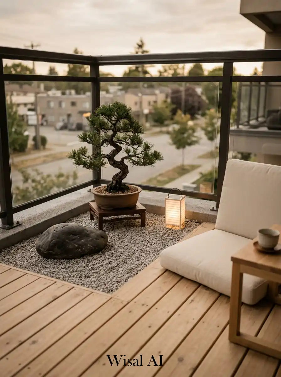 Calm balcony with Zen-inspired design, featuring a single sculptural plant and natural stone textures.