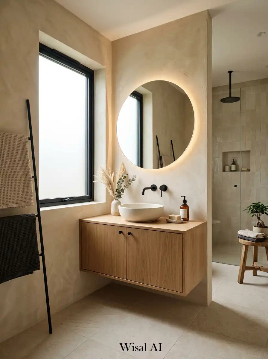 7. Japandi Bathroom with Textured Plaster Walls
