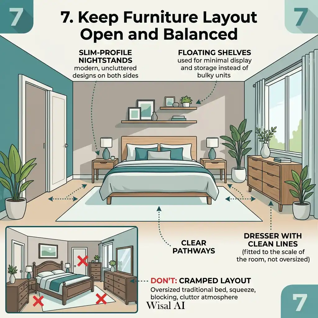 Balanced bedroom layout with open walkways creating comfort and effortless daily flow.
