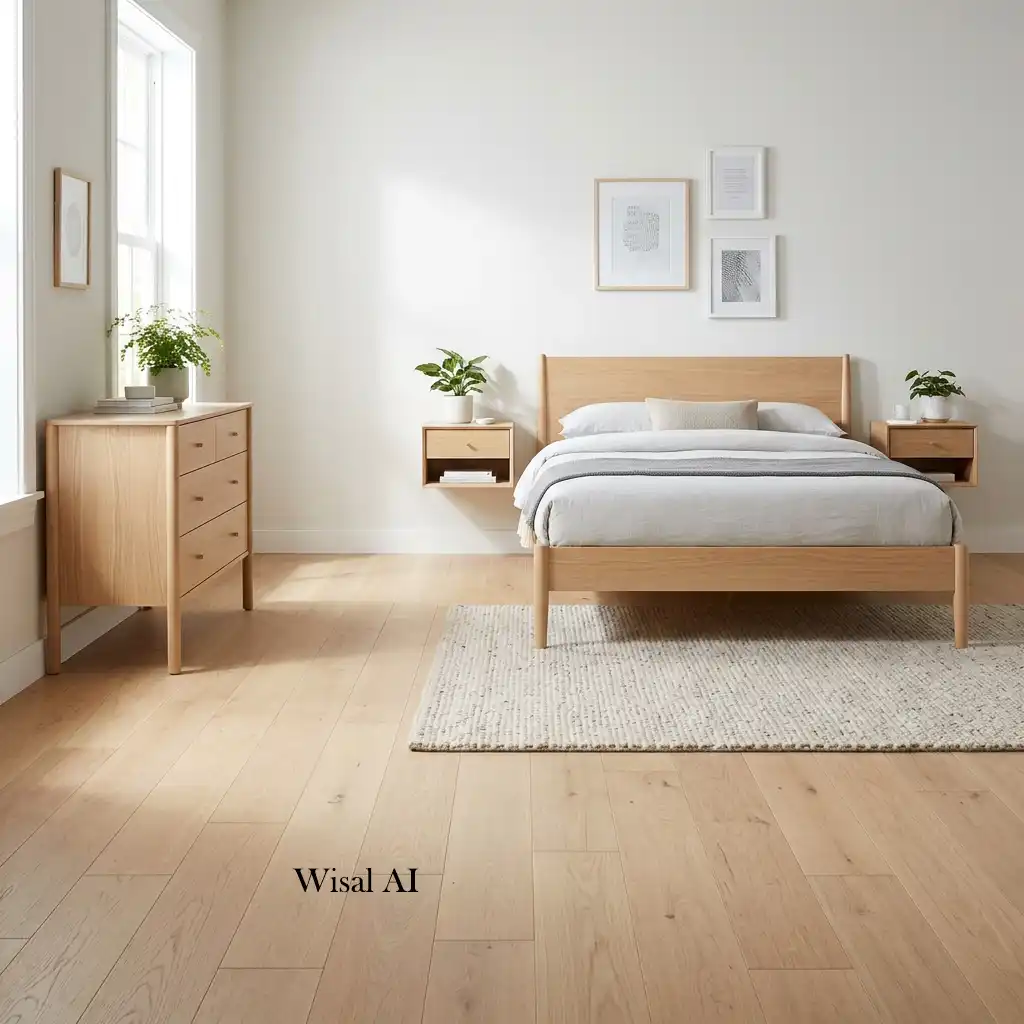Minimalist bedroom with exposed floor space and furniture featuring raised wooden legs.