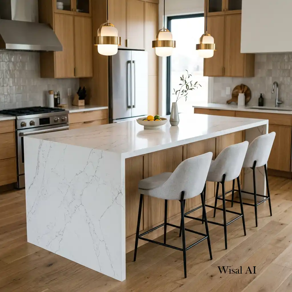 Waterfall quartz kitchen island with upholstered seating and brass pendant lights.