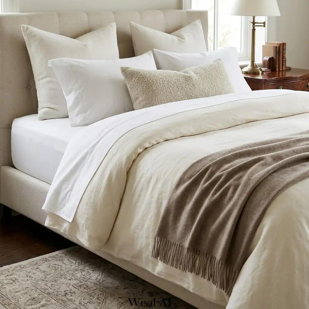 Layered neutral bedding with luxury textiles and linens