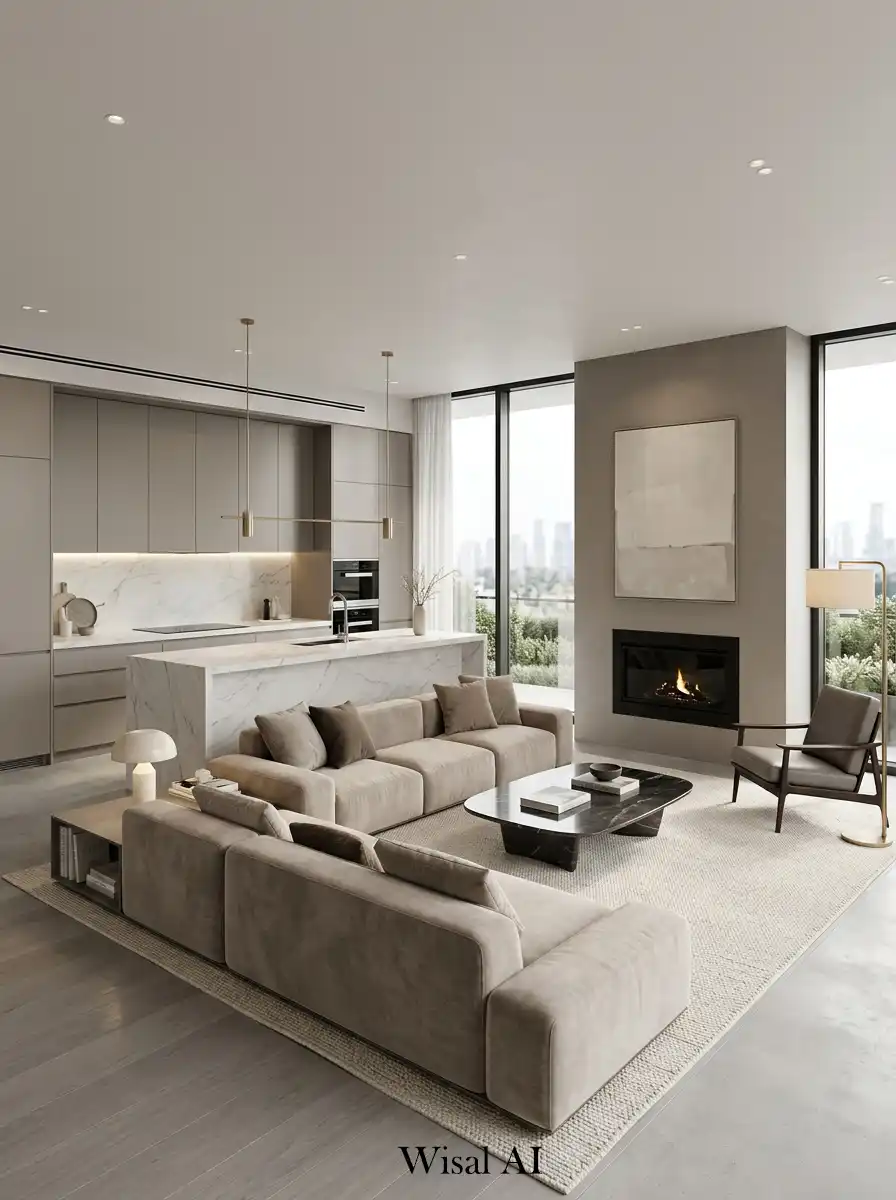7. Luxury Minimal Modern Open-Plan Kitchen and Living Room Idea