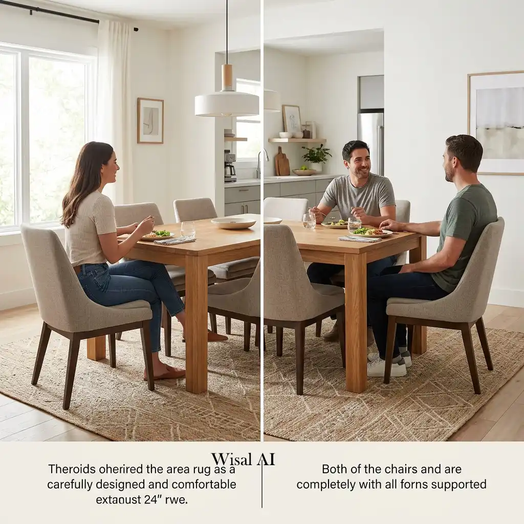 Dining room with a spacious rug keeping chairs fully supported when pulled out.