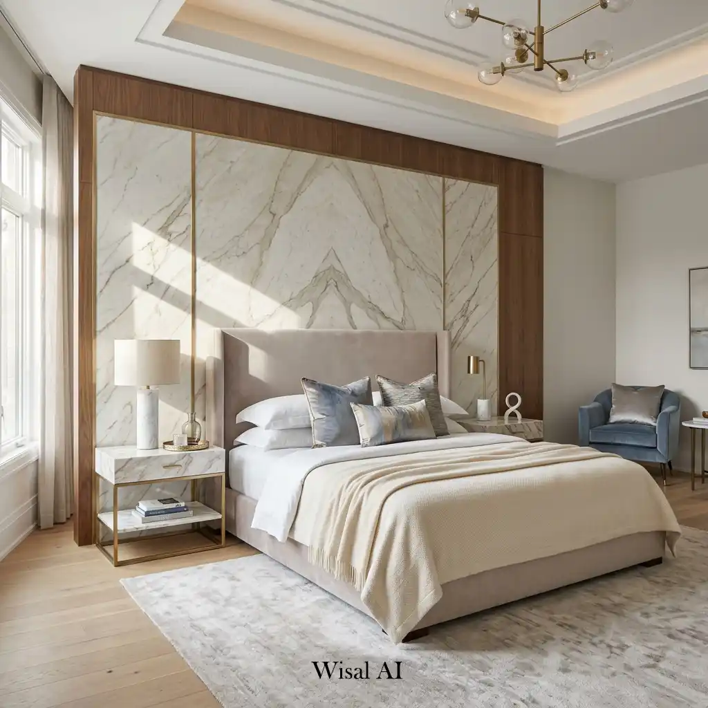 Master bedroom featuring marble accents and refined luxury details