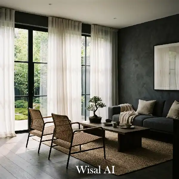 Dark cozy interior with simple sofa and natural decor