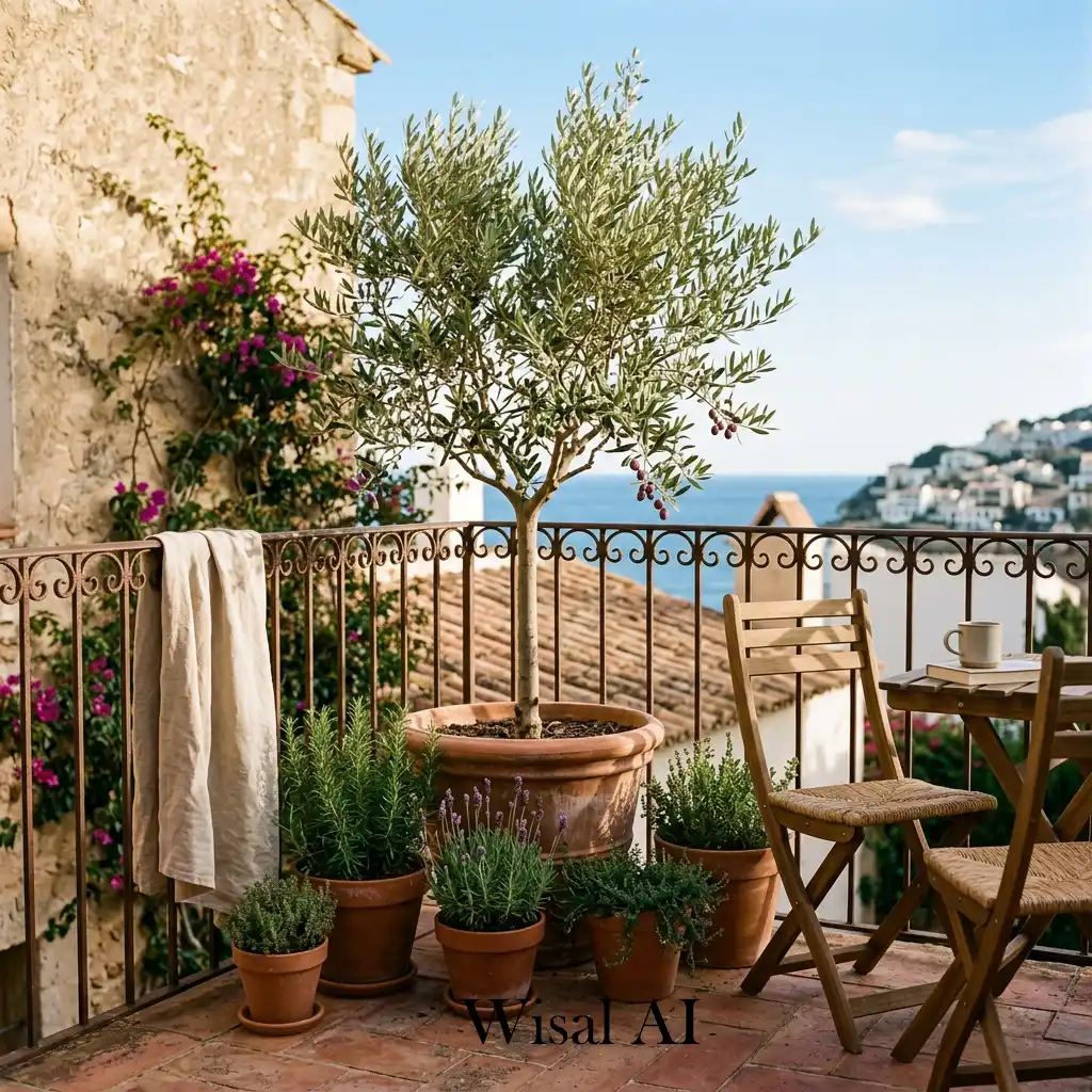 Olive tree in terracotta planter on Mediterranean-style balcony