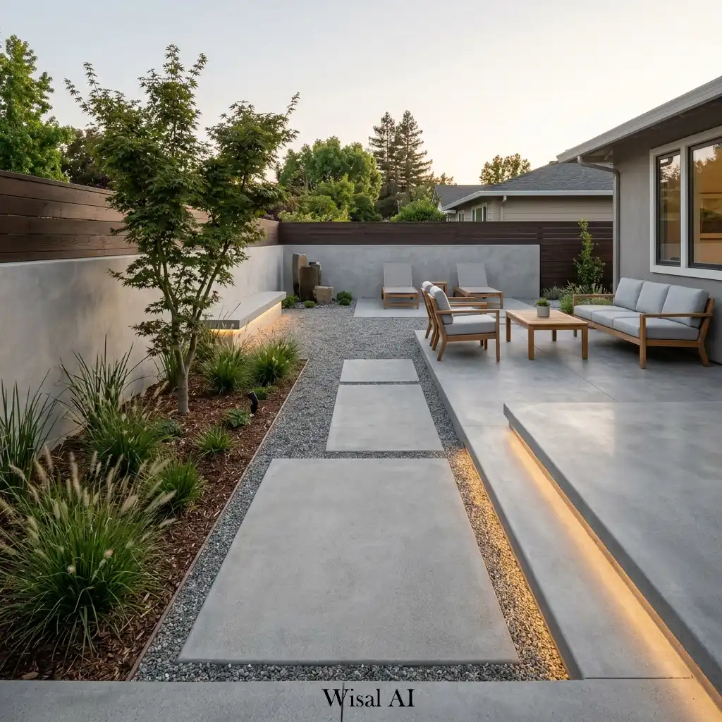 Minimalist backyard with simple landscaping, clean lines, and modern outdoor furniture
