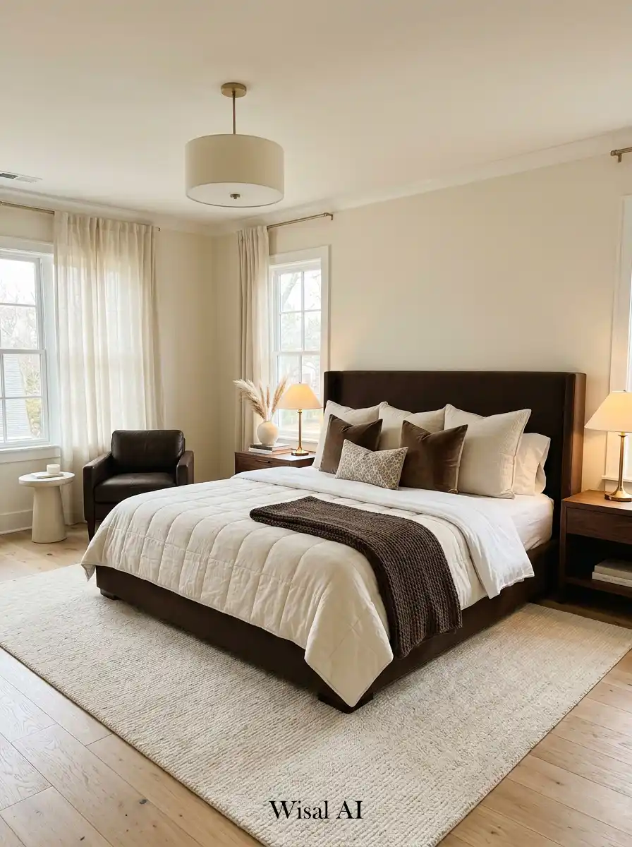 Comfortable bedroom design featuring mocha brown and cream tones creating a cozy warm and luxurious modern interior style.