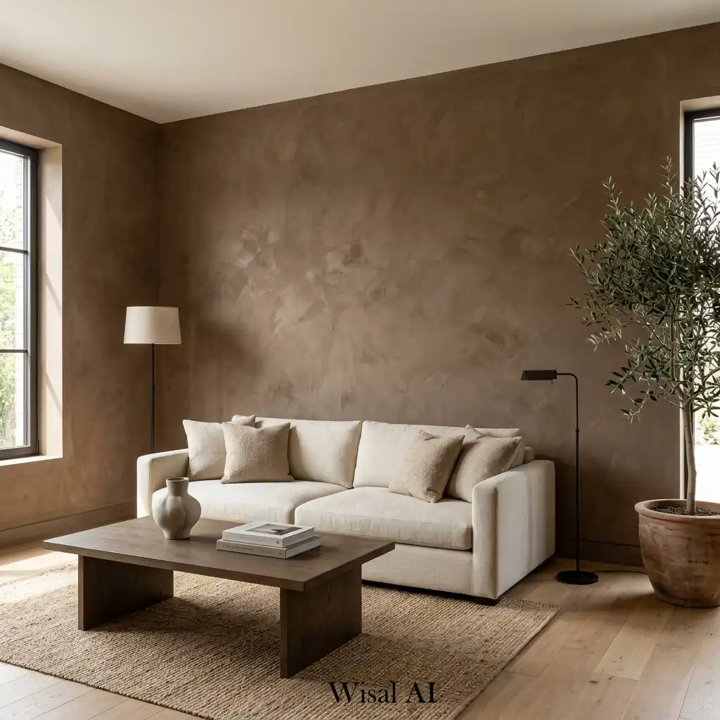 Apartment interior with mocha textured plaster wall design