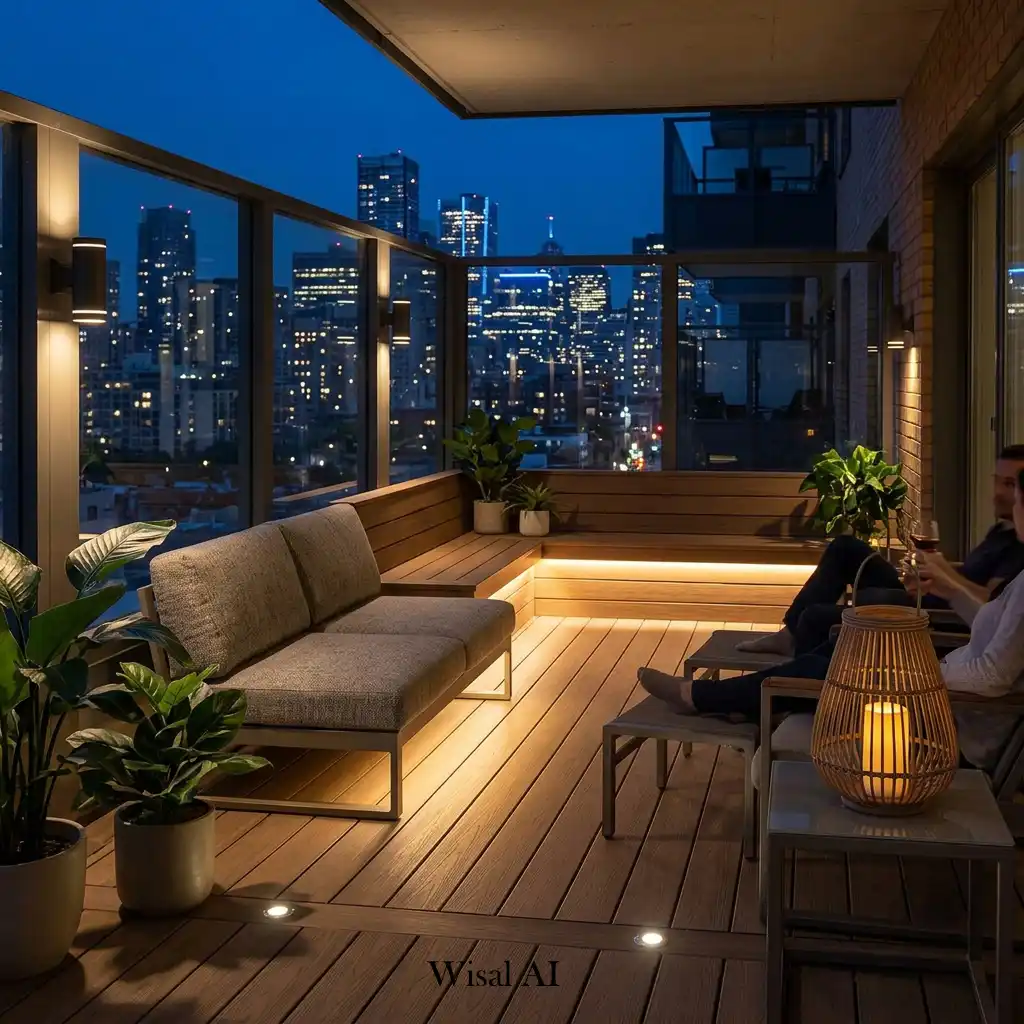 Contemporary balcony illuminated by warm ambient lighting and city lights