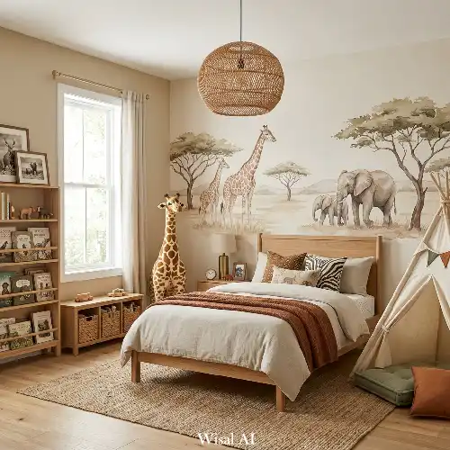 Safari kids bedroom with animal prints, neutral beige palette, and natural wooden elements