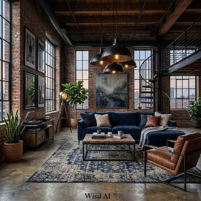 Modern minimalist living room with moody blue feature wall and neutral furniture