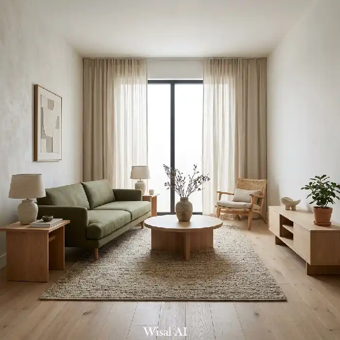 Japandi olive green living room with minimalist furniture, light wood accents, and calming design