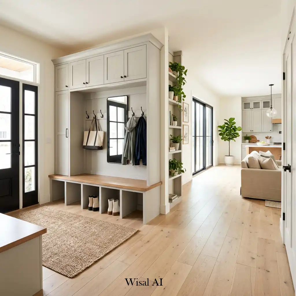 Open concept mudroom seamlessly integrated into a modern home's interior layout