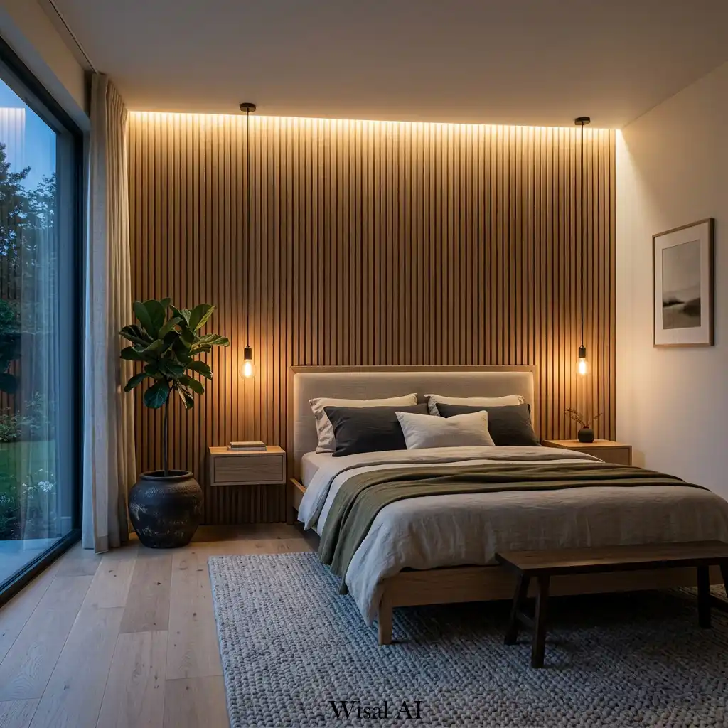 7. Organic Modern Bedroom with Shadowy Oak Paneling