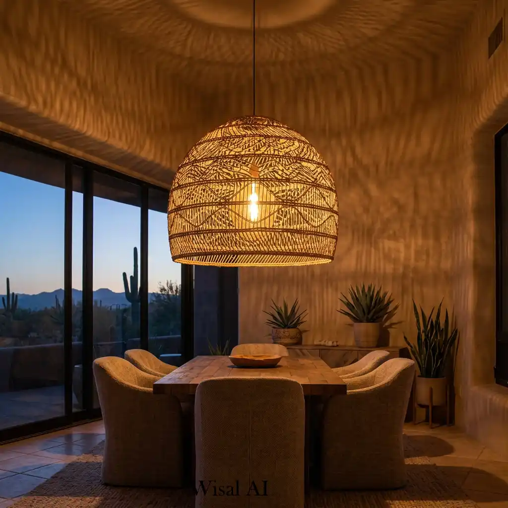 Oversized woven pendant light in cozy dinning