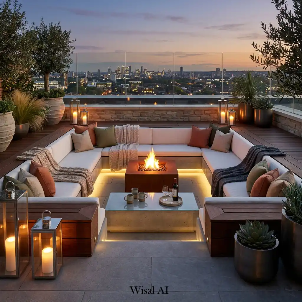 Sunken rooftop conversation lounge with premium cushions and a central fire feature